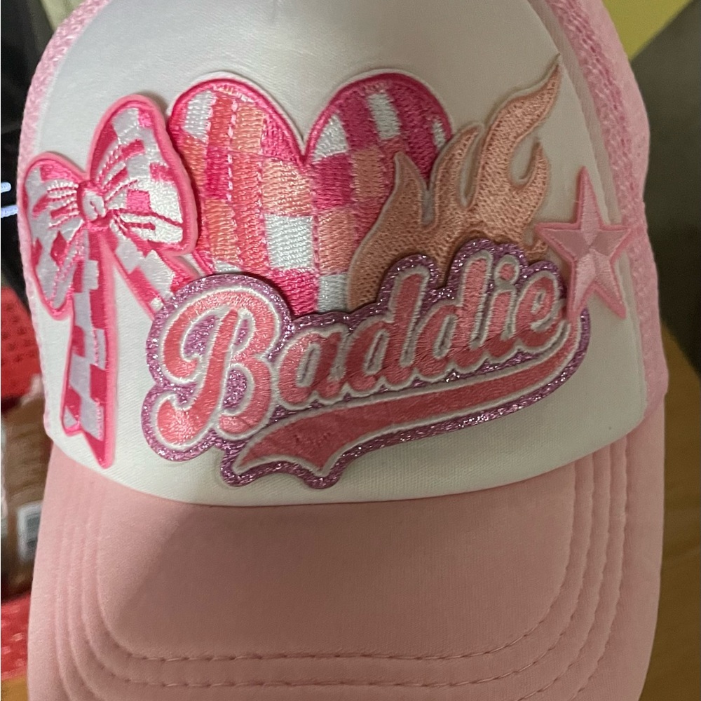 Women’s Custom Made Pink 'Baddie' Embroidered Trucker Hat